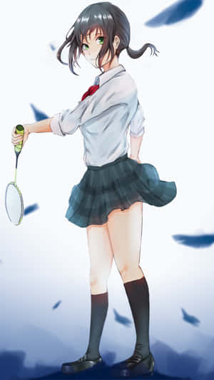 動漫女孩穿著校服，拿著羽毛球拍，羽毛飄浮。