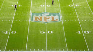兩人在NFL足球場上靠近50碼線。