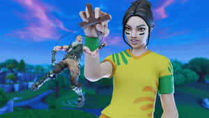 一個Fortnite角色喺色彩繽紛嘅戶外場景中操控另一個角色。