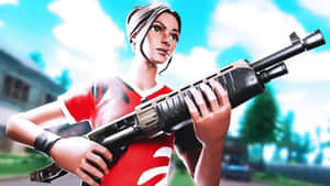 女性Fortnite玩家在郊區環境中手持步槍。