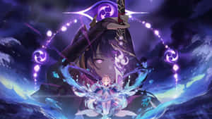動漫戰士手持發光劍和魔法能量，在暴風雨夜空中位於較小角色之上