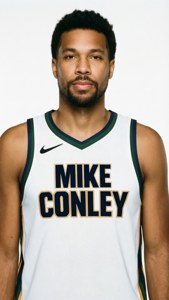 一名身穿白色籃球球衣、上面印有 Mike Conley 的男子。