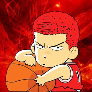 紅髮動漫籃球運動員以激烈姿勢緊握籃球。