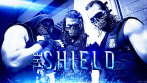 三名戴面具的摔角手身穿戰術裝備，與發光的藍色文字「THE SHIELD」一起擺姿勢。
