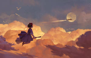 一位年輕女巫騎著掃帚穿過雲層追逐滿月附近的流星。 — 月亮 壁紙