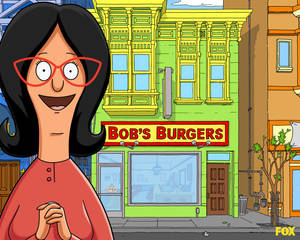 戴紅色眼鏡的卡通女性在Bob's Burgers前微笑。 — 動畫 壁紙