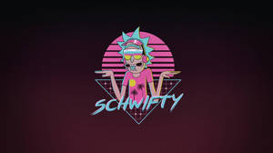 Rick Sanchez 戴住太陽眼鏡同粉紅色恤衫，喺粉紅色日落背景下有 'SCHWIFTY' 字樣。