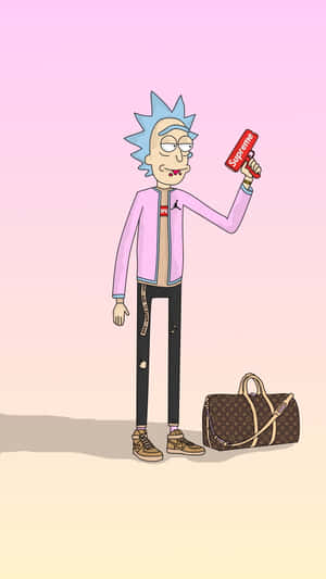 Rick Sanchez 在粉紅色漸變背景中，拿著 Supreme 盒子，旁邊放著 Louis Vuitton 袋。