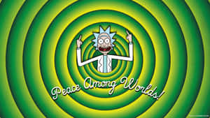 瑞克·桑切斯在綠色螺旋中帶有「Peace Among Worlds!」文字。 — 傳送門 壁紙