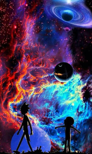 兩個剪影人物以色彩繽紛的宇宙星雲為背景，其中有一個黑洞和發光的星球。