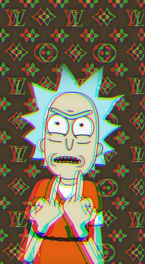 《Rick and Morty》嘅Rick Sanchez對住一個有故障效果嘅Louis Vuitton圖案背景做出挑釁手勢。