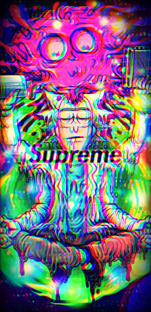 一個故障風格的霓虹人物正在冥想，上方有一個發光的頭骨。