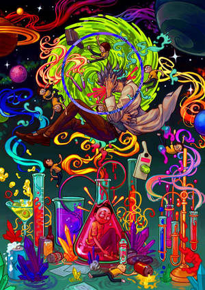 一名科學家在實驗室中，被宇宙漩渦和猴子包圍，周圍還有發光的燒杯和外星行星。