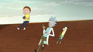 Rick Morty 和朋友們在磚砌屋頂上拿著啤酒瓶放鬆。