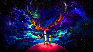 兩個卡通人物在紅色星球上觀看色彩繽紛的宇宙星雲。