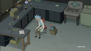 Rick Sanchez 癱坐在一個雜亂的科學實驗室裡，裡面有損壞的小工具。
