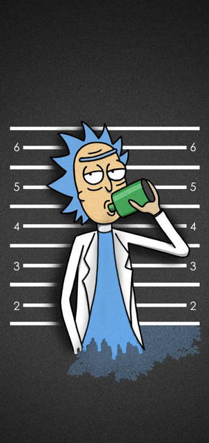 Rick Sanchez 在卡通疑犯照中喝綠色飲料，藍色液體滴落。