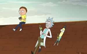 Rick Morty 和朋友在屋頂上喝啤酒，天空多雲。