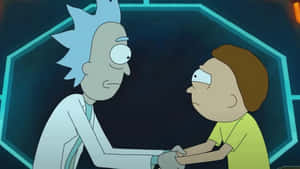 喺科幻實驗室入面，發光藍色六角形框架內，Rick同Morty握手。