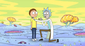 Rick Sanchez 喺一個有發光樹木同粉紅色水池嘅怪異外星世界中跪喺 Morty Smith 面前。