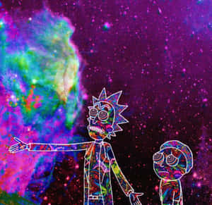瑞克和莫蒂角色在色彩繽紛的宇宙星雲中，有旋轉的星星。