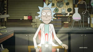 Rick Sanchez 在他的實驗室裡手持一個發光的紅色裝置。