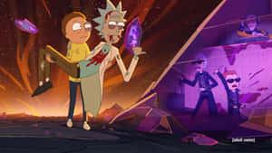 Rick Sanchez 抱住流血嘅 Morty 穿過一個有紫色水晶同熾熱天空嘅破碎外星行星。