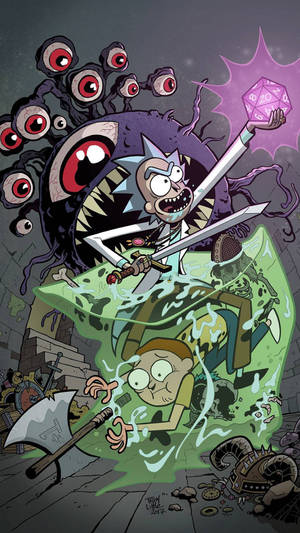 Rick Sanchez 與一隻多眼怪物戰鬥，而Morty Smith在地牢中顯得驚恐。
