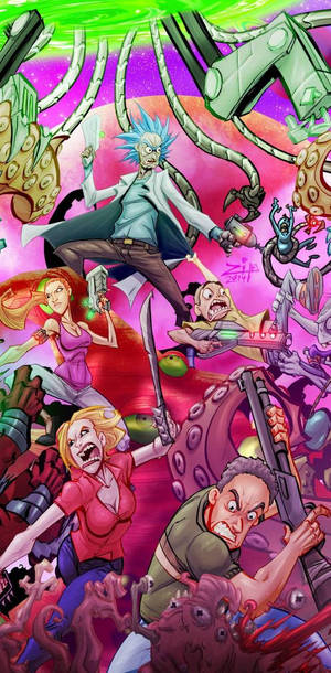Rick Sanchez 和團隊在色彩繽紛的科幻場景中與外星怪物戰鬥。