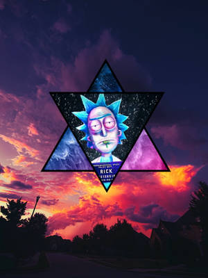 Rick Sanchez 喺星星入面，背景係房屋上面色彩繽紛嘅日落天空。