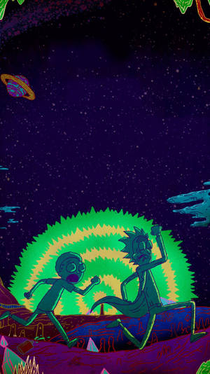 瑞克和莫蒂在一個有發光太陽和漂浮行星的外星行星上奔跑。