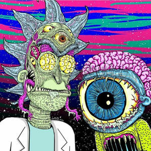 兩個卡通風格的外星怪物，在色彩繽紛的宇宙場景中，有多隻眼睛和大腦。