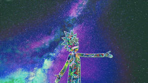 穿著彩色圖案西裝的瑞克·桑切斯，背景是宇宙星雲。
