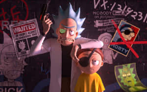 Rick Sanchez 和 Morty Smith 在一個充滿海報和塗鴉的混亂房間裡。