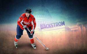 身穿紅色球衣的冰球運動員 Nicklas Backstrom 持棍滑冰。 — 冰球 壁紙
