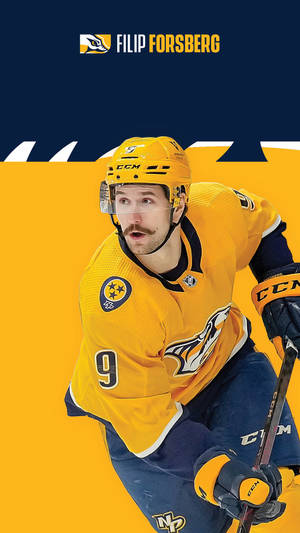 冰球運動員 Filip Forsberg 身穿黃色球衣手持球棍擺出動作姿勢。