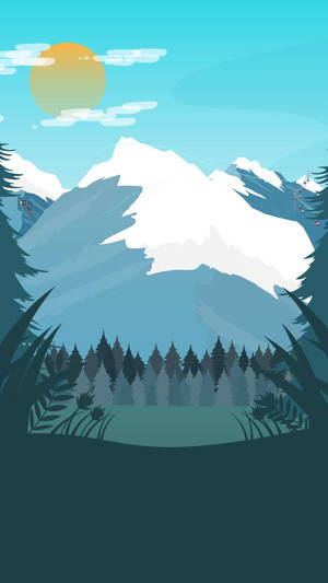 風格化插圖中的雪山，有常綠樹和明亮的太陽。 — 美學藝術 壁紙
