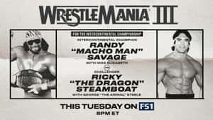 WrestleMania III摔角活動海報，Randy Savage和Ricky Steamboat對峙。