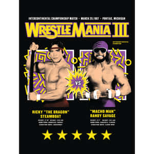 WrestleMania III海報，顯示Ricky Steamboat對戰Randy Savage，附有統計數據和星星。