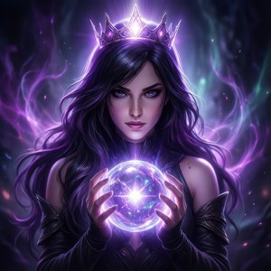 一位戴著皇冠的黑髮女巫，手持一顆發光的魔法球體，帶有旋轉的宇宙能量。