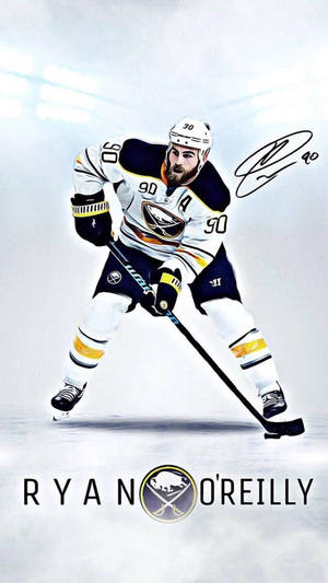 冰球運動員 Ryan O'Reilly 在冰上擺出動作姿勢，身穿水牛城軍刀隊制服，下方有簽名和名字。