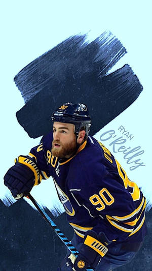 冰球運動員 Ryan O'Reilly 身穿藍金色制服，手持球棍。