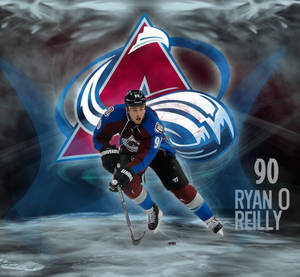 冰球運動員 Ryan O'Reilly 溜冰，背後有科羅拉多雪崩隊標誌。