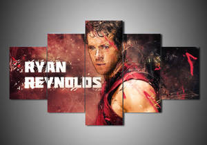 Ryan Reynolds 肖像，帶有紅色潑濺和粗體白色文字的多面板畫布藝術。