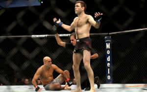MMA拳手在八角籠中慶祝戰勝倒下的對手。 — 搏擊會 GIF 壁紙