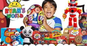 興奮的孩子被Ryan's World玩具和商品包圍。
