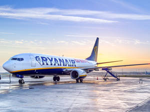 瑞安航空飛機在黎明時分停在濕滑的停機坪上，金色天空倒映。