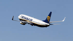 瑞安航空飛機在晴朗藍天中飛行