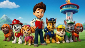 Paw Patrol 團隊一起站在草地上，身後有他們的塔樓。