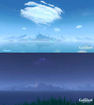 旋轉雲朵下的霧氣山巒和寧靜水面，倒映在深紫色的暮色場景中，帶有發光的草地。 — 隻狼 壁紙